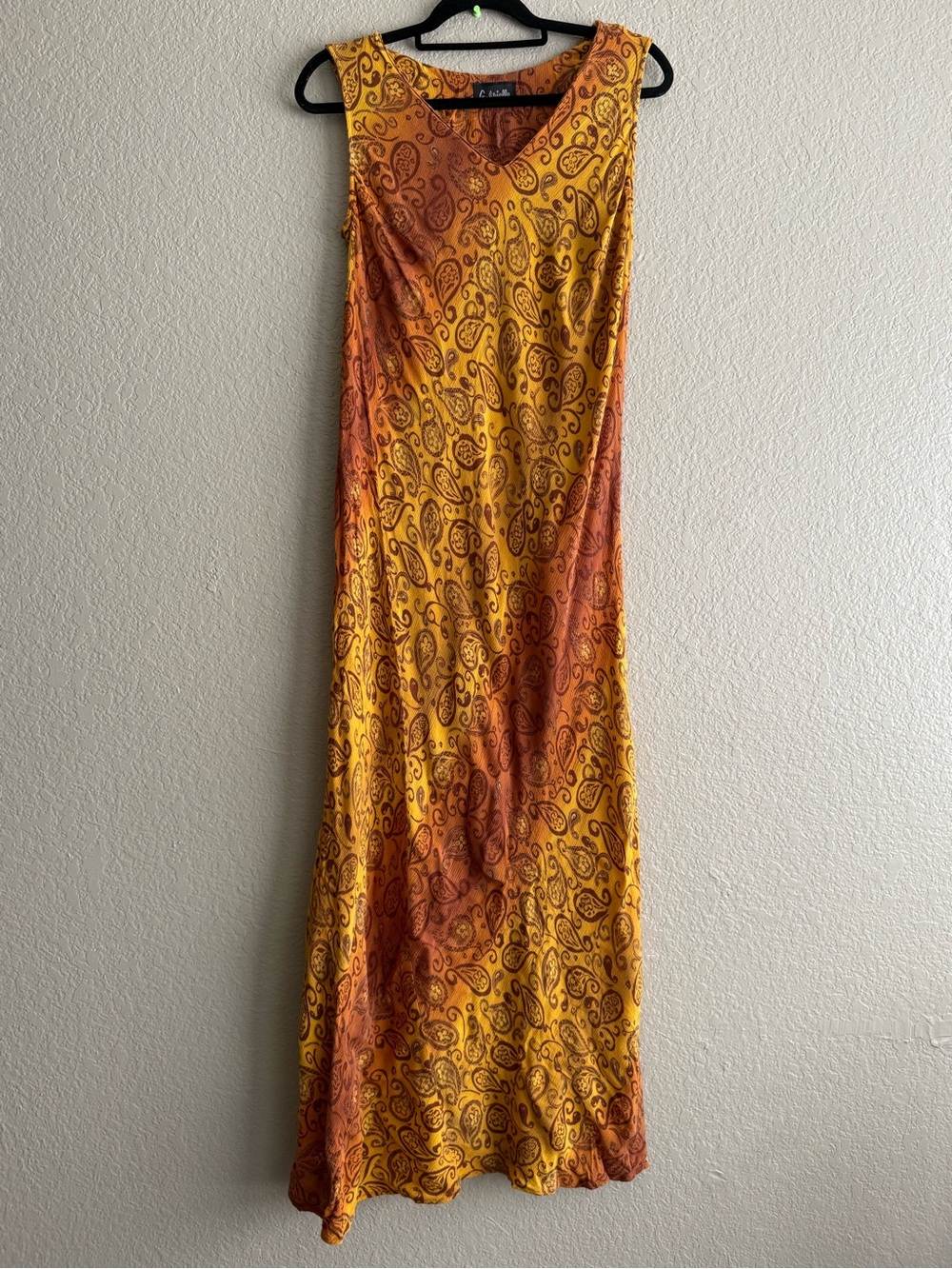 Vintage Gabrielle Orange Brown Paisley Sleeveless Maxi Dress Bohemian Fall Artsy